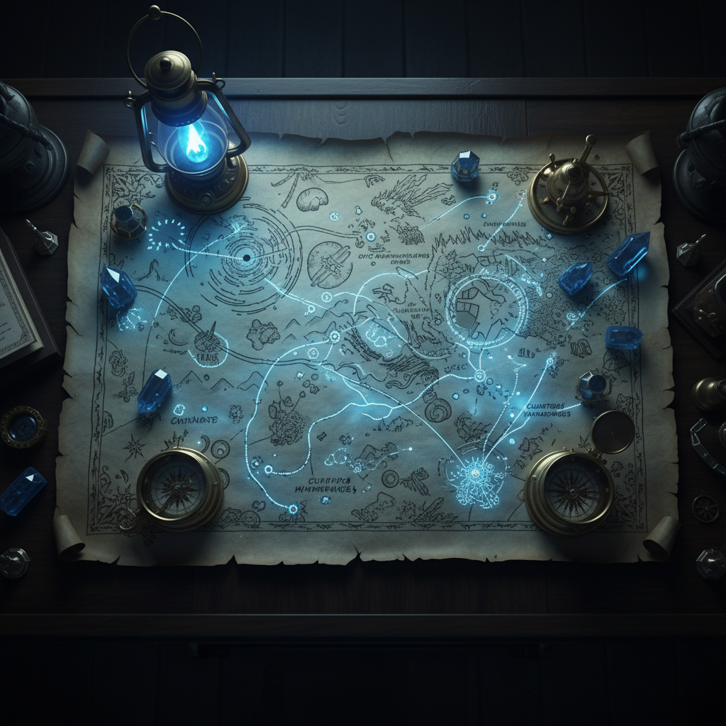 An elaborately hand-drawn astral map, its parchment surface etched with glowing silver ink outlining swirling currents, stellar hazards, and fantastical destinations within the shattered planescape. The map lies unfolded atop a polished darkwood ship’s table, surrounded by scattered compass, crystalline navigation tools, and a flickering astral lantern casting soft blue light. The room’s low ambient glow plays across the luminous lines and inked constellations, creating mysterious shadows and gleaming highlights. Shot from a high, overhead angle with sharp focus for clarity, the image exudes scholarly curiosity and a sense of interplanar exploration. Artistic treatment is cinematic and richly textured, fitting for a chronicle of cosmic journeys.