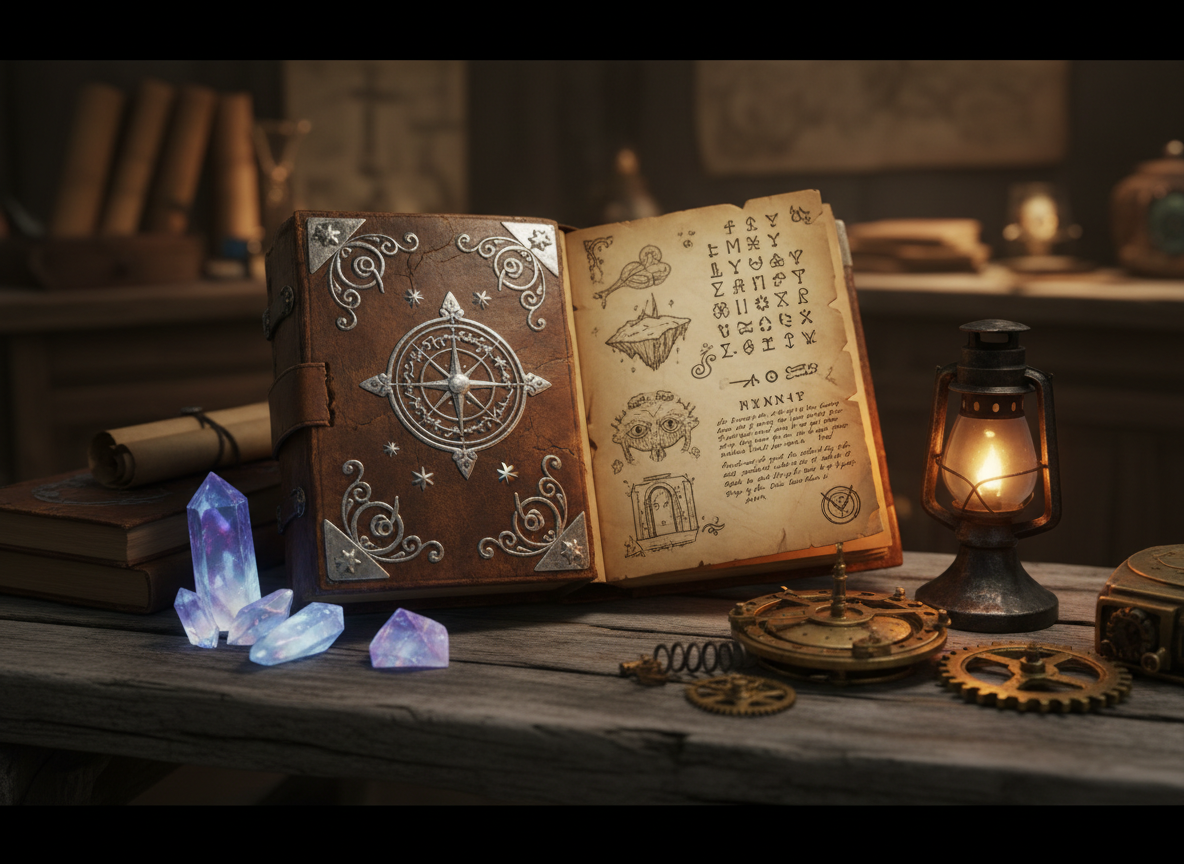 A weathered, arcane journal with embossed silver glyphs and a celestial navigation emblem on its worn leather cover, open to a page filled with detailed quill sketches, interplanar symbols, and cryptic notes. Resting on a driftwood desk beside shards of radiant crystal and mechanisms of brass, the setting is softly lit by the gentle golden glow of a magical oil lamp. The light creates warm pools and deep shadows, accentuating the age and mysterious aura of the journal’s contents. Close-up, shallow depth of field composition brings the ancient artifact into sharp relief, while the background gently blurs. The mood is contemplative, secretive, and cinematic, perfectly complementing campaign session summaries.