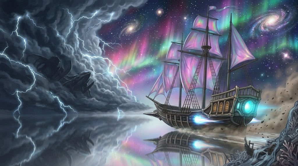 The Pale Fang, sails iridescent and psi-core burning teal, pulls off the crumbling reef as the lightning-shot storm wall of the Tempest's Maw closes in behind
