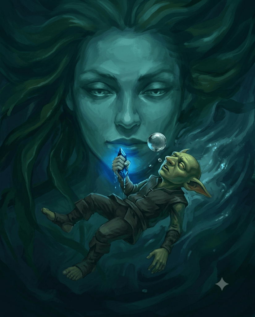 Pea hangs limp underwater with the glowing splinter in his fist and his last bubble rising, the vast sea-green face of Umberlee filling the water behind him