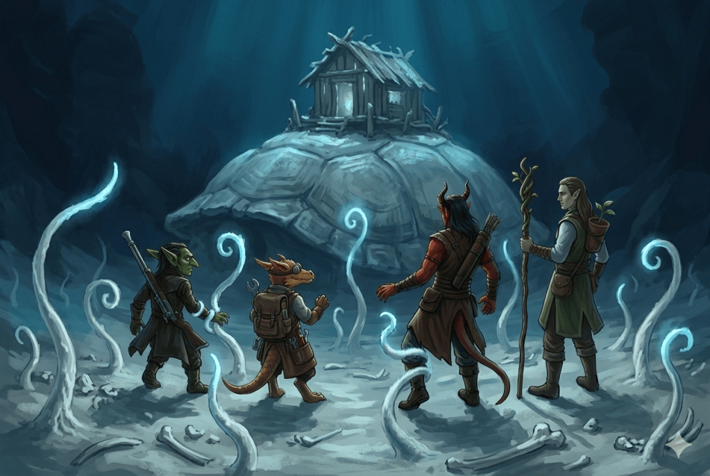 Pea, Tink, Kaymos and Lindon stand on a bone-strewn seabed as pale frost-blue tendrils curl up from the silt, a driftwood hut perched on a giant turtle shell ahead