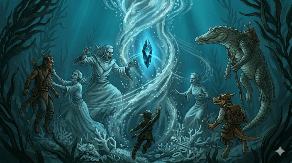 Ghostly choristers sing around a churning column of water holding the blue-black splinter as Pea kicks upward toward it, Kaymos, Tink and crocodile-Lindon watching