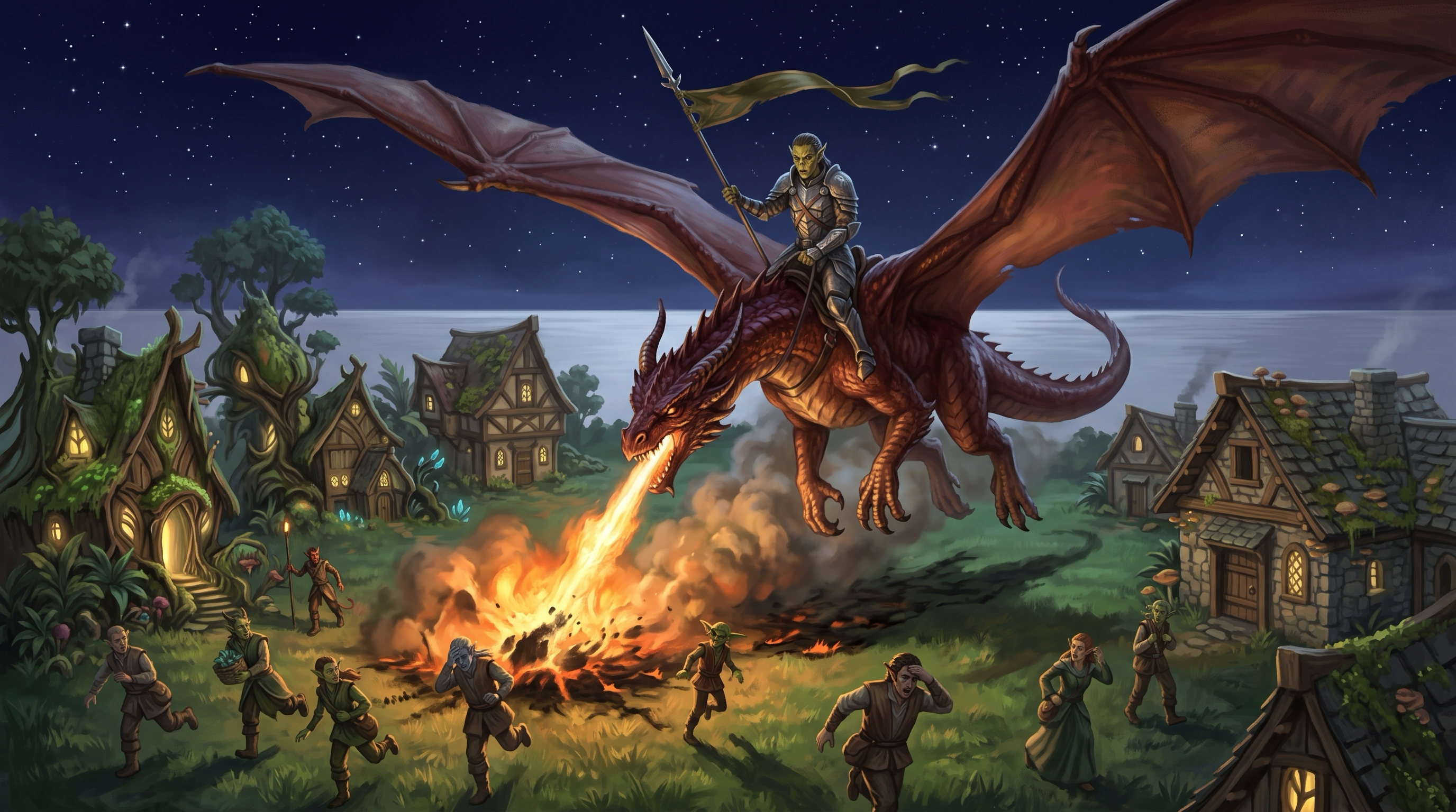 A red dragon sweeps low over a village green at night, breathing fire across the grass. Its Githyanki rider holds a spear with a streaming pennant as villagers flee.