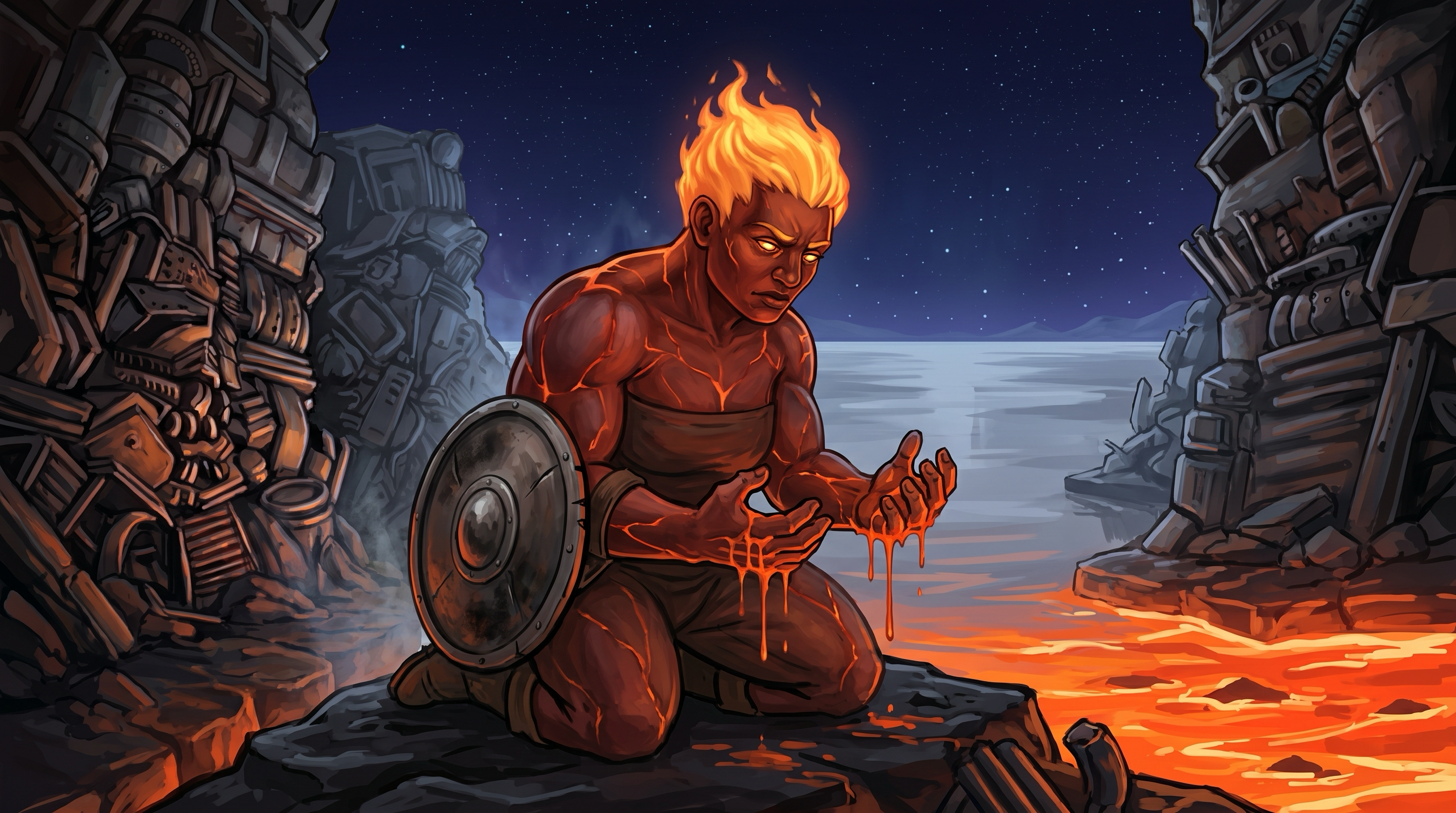 A broad, heavily built fire genasi kneels on black slag beside a lava river, her ember-red skin veined with glowing fissures and her hair alight, a battered round shield on her arm, looking at her own hands.
