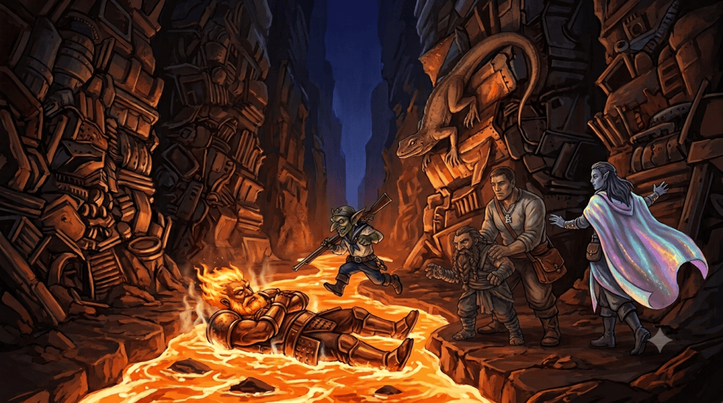 Slox lies arms crossed in a stream of magma as a stepping stone while Pea leaps across, Solder and Cinder waiting on the bank and Lindon clinging above as a giant lizard