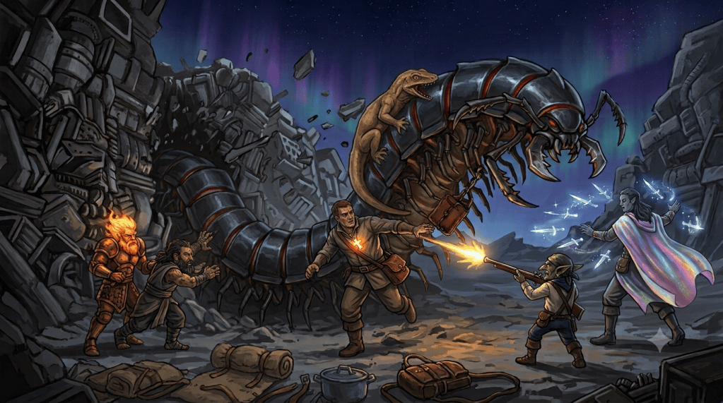 A huge segmented creature of brass-black plate bursts from the scrap over the looted camp, hooking Solder's scroll case as Pea fires his musket and Veyer conjures daggers
