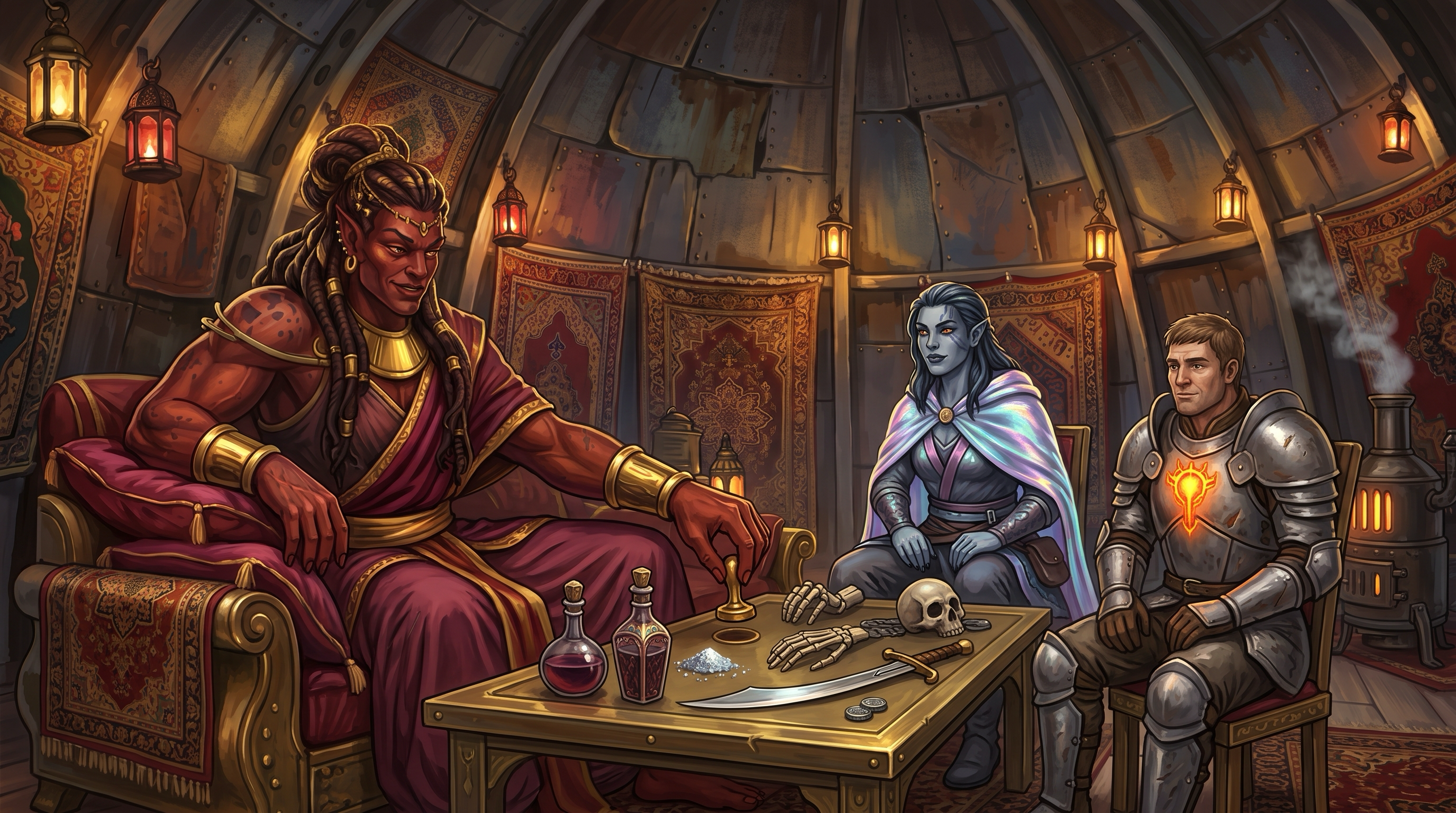 An efreeti merchant queen in gold and deep red presides over a low table laid with two ornate bottles, a heap of diamond dust, a curved scimitar, a skull and a pair of severed skeletal hands.