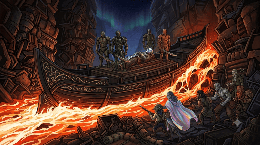 The Pasha's black funeral barge lies jammed across a lava river, four golems standing over the bier and its mirror-bright mask as Veyer and Pea approach from the shore