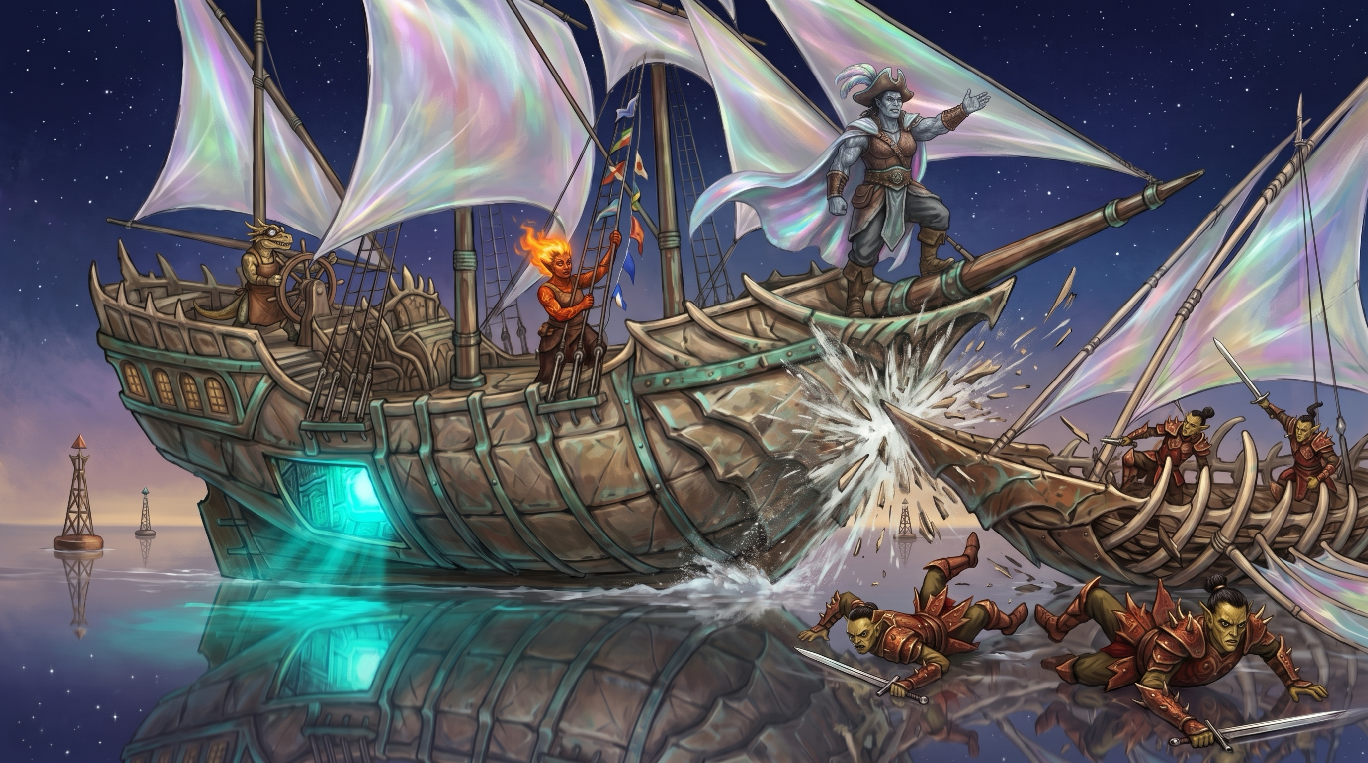The bone-plated spelljammer Pale Fang rams a Githyanki skiff on a mirror-flat silver plane, a cloaked goliath at the prow in a commodore's hat, Githyanki crew flung across the surface.