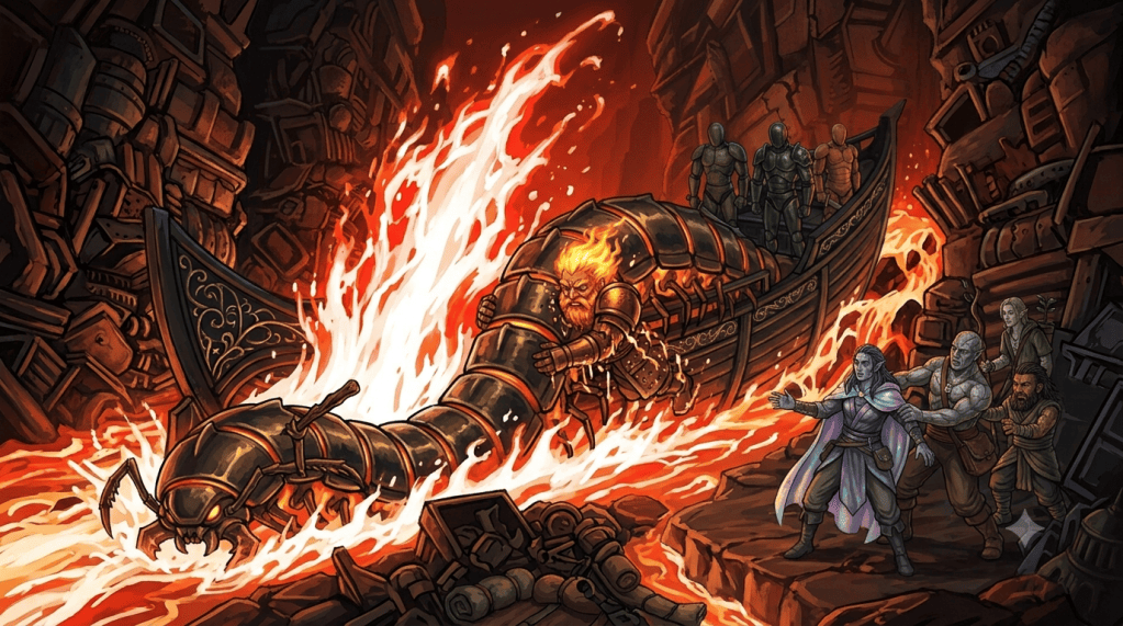 Slox clings to the burning segmented creature as it plunges into the lava river beside the funeral barge, Veyer, Solder and Cinder reaching out from the rocky shore