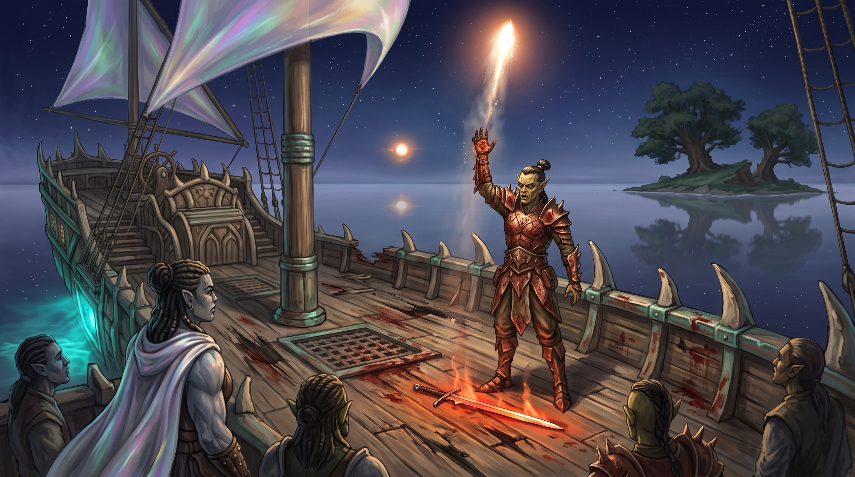 A defeated Githyanki officer fires a signal flare from a battered deck at night; far off across the mirrored void, a small distant bloom of fire answers it.