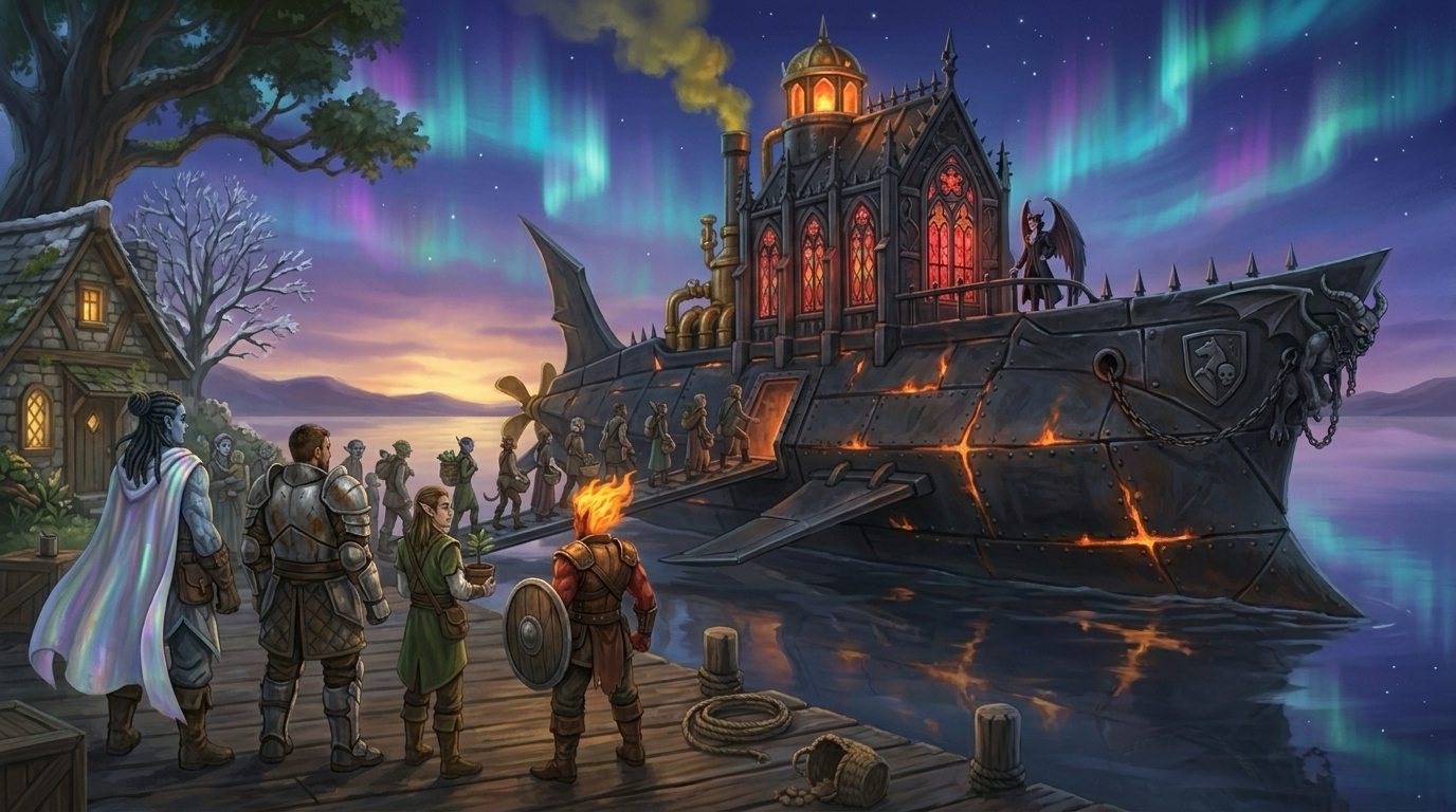 The Watch stand on a wooden dock watching fey villagers file up the gangplank of a black iron spelljammer with a gothic chapel for a conning tower, fire glowing through its seams; Vaelthris watches from the rail.