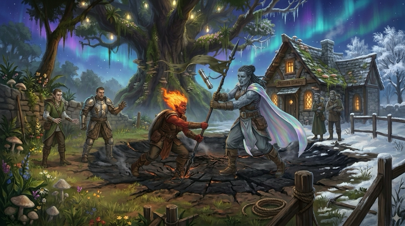 Slox and Veyer haul together on a Githyanki spear standing upright in a circle of scorched turf on the village green, Lindon and Solder watching from the edge, Marna's bakery and the split oak behind.