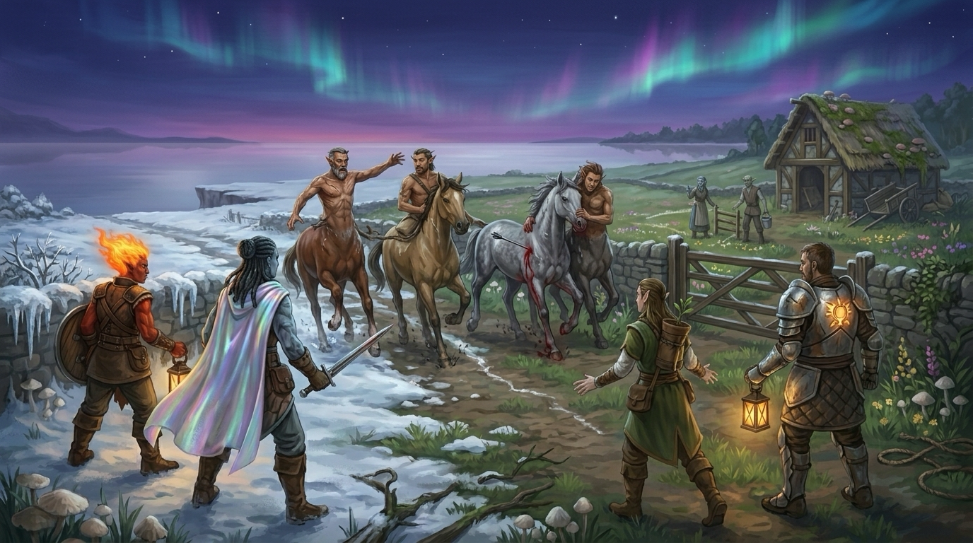 Erwin's centaurs pull up on a farm lane, wounded and bloodied, one with a crossbow bolt in him, as the four of the Watch turn to meet them; a thatched barn and the bare silver of the Void beyond.