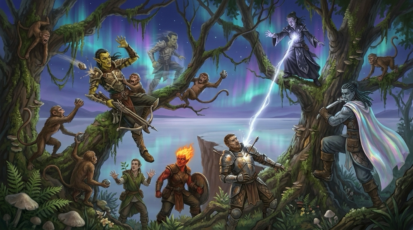 Conjured monkeys swarm the branches at the shard's torn edge, stoning a Githyanki buccaneer with a heavy crossbow, while a robed Star Seer's bolt of pale light strikes Solder below and the Watch move up through the ferns.