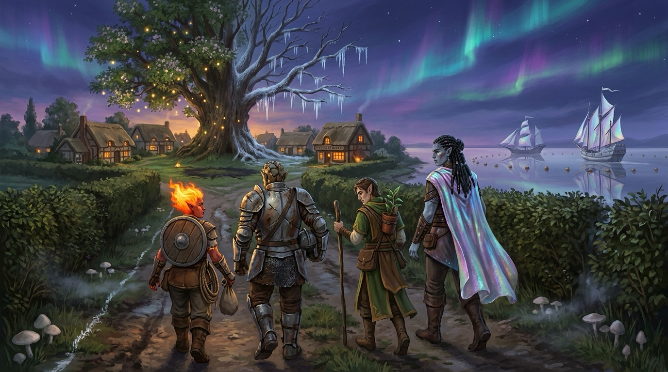 The four of the Watch walk away down a hedged lane at dusk toward the Main oak, half in blossom and half in ice, with two Githyanki hulls out on the silver past a line of buoys.